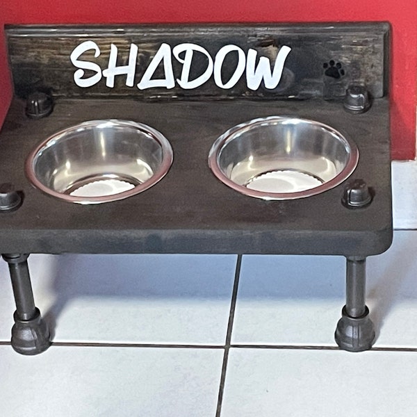 Rustic 2 bowl Raised dog bowl feeder with matching backsplash - Retro elevated dog bowls - Industrial style dog bowl stand