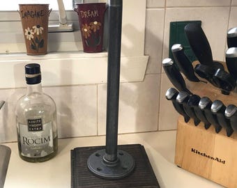 Industrial Paper Towel Holder: Steampunk Style, Stained Wood Base