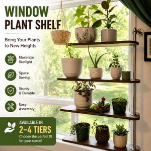 Window Plant Shelf | Adjustable 2–4 Tier Plant Stand | Indoor Window Shelf for Plants | Rustic Wood & Pipe Plant Display
