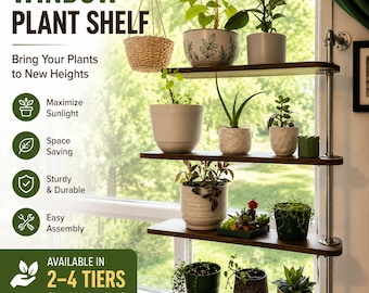 Window Plant Shelf | Adjustable 2–4 Tier Plant Stand | Indoor Window Shelf for Plants | Rustic Wood & Pipe Plant Display