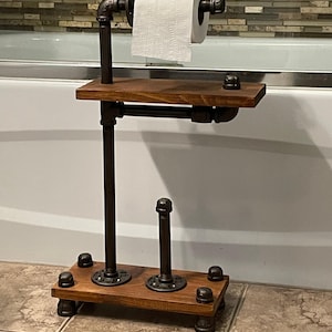 Rustic Industrial Toilet Paper Stand with Phone Shelf