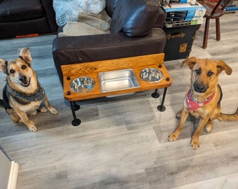 Raised water bin with 2 bowls on each end. Water Bin and Dual Feeder - Raised feeder