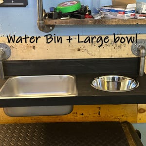 Floating water bin dual feeder: steampunk pet feeding station with two stainless bowls on a wooden platform beside a dog.