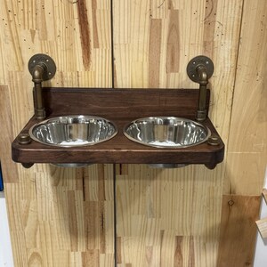 Floating Dog Bowls, Knotty Pine Feeder, Rustic Wood Wall Bar