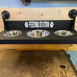 Floating Dog Bowls, Knotty Pine Feeder, Rustic Wood Wall Bar