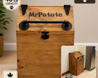 Personalized Wooden Dog Food Storage Bin, 40 LB Capacity, Rustic Farmhouse pet kibble storage