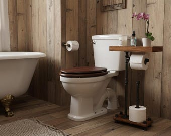 Industrial Toilet Paper Holder Stand: Rustic Bathroom Organizer with Storage Tray