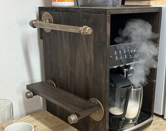 custom coffee machine topper with shelf and paper towel holder.