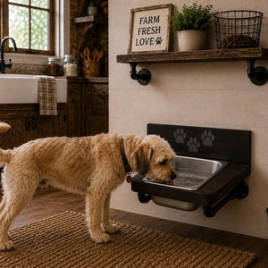 Wall Mount floating water bin - Dog Water and Food Feeder: Knotty Pine, Industrial Style