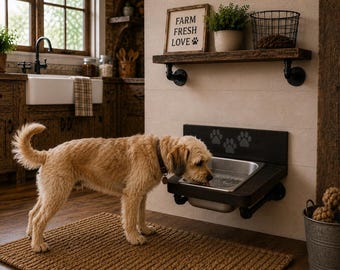 Wall Mount floating water bin - Dog Water and Food Feeder: Knotty Pine, Industrial Style
