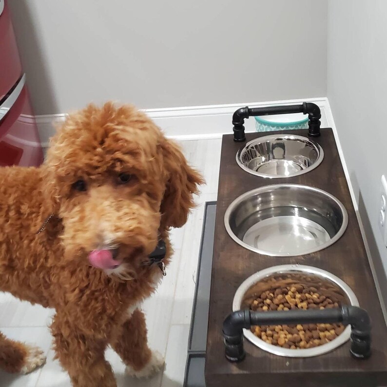 Top-down close view of wood and metal 3 bowl elevated dog feeder, three stainless bowls, one with kibble