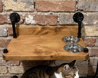 Rustic Wall Mount Cat Feeder: Handmade Kitty Feeding Station with Poly Coat