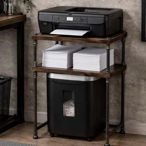 May include: A black printer is on a two-tiered, dark wood and metal stand. The top shelf holds the printer with paper, the middle shelf has stacks of paper, and the bottom shelf houses a black paper shredder. The stand is next to a desk.