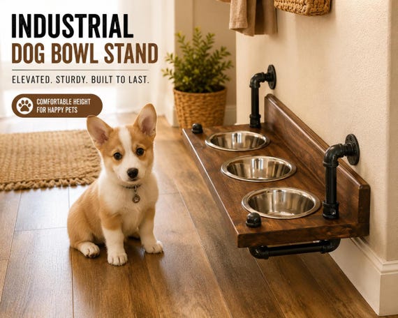 Floating Dog Bowls, Knotty Pine Feeder, Rustic Wood Wall Bar