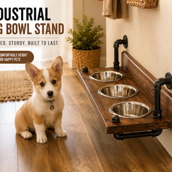 Floating dog bowl stand, knotty pine feeder, rustic wall shelf