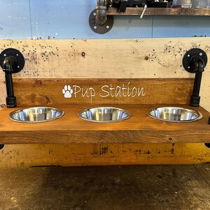 Floating Dog Bowls, Knotty Pine Feeder, Rustic Wood Wall Bar