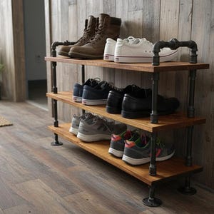Steampunk Industrial Shoe Rack: Rustic Entryway Organizer with Union Handles