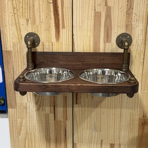 Floating Dog Bowls, Knotty Pine Feeder, Rustic Wood Wall Bar