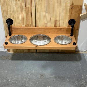 Floating Dog Bowls, Knotty Pine Feeder, Rustic Wood Wall Bar