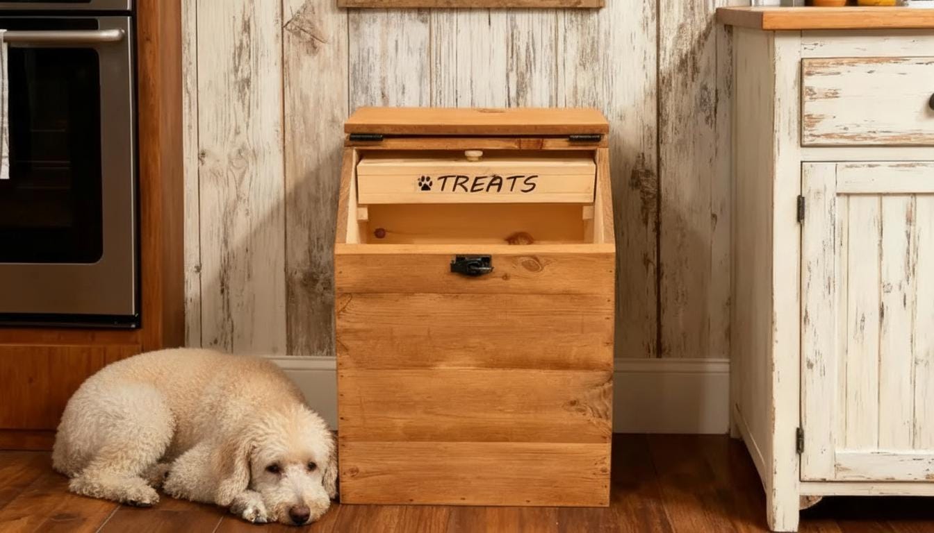 X-large Wooden Dog Food Storage Bin Holds 40lb Bags With Raw Treat