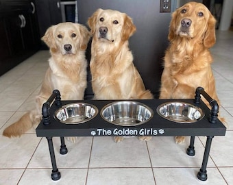 3 bowl rustic dog feeder - 3 bowl Industrial style Raised Dog feeder- farmhouse -rustic feeder-NEW FREE BACKSPLASH!