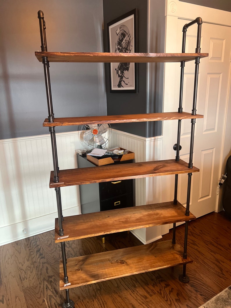5 shelf Industrial style bookshelf with modified steampunk style decorative handles image 3
