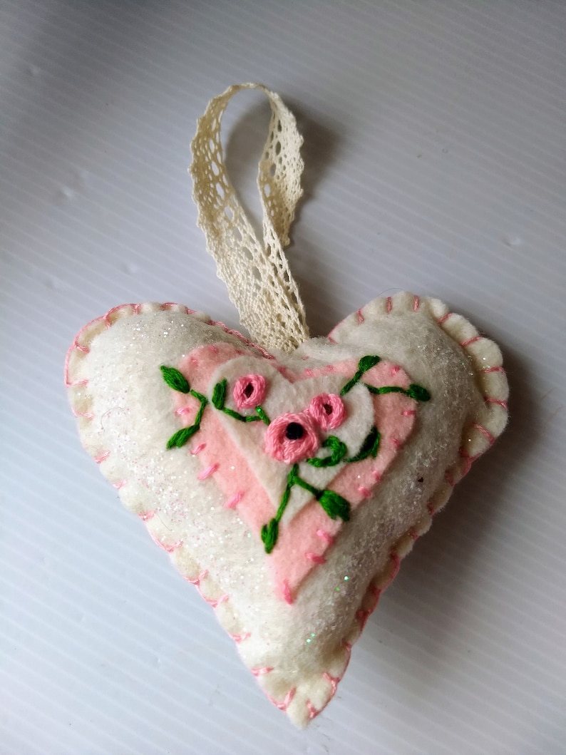 Embroidered Heart ornaments Beautiful Mothers day gift Spring decor Spring tree decor Mothers day Embroidered Hearts image 3