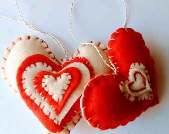 Felt Heart Valentine's Day Ornaments  2 Red Felt Hearts, Felt Embroidered Valentine's Day decor