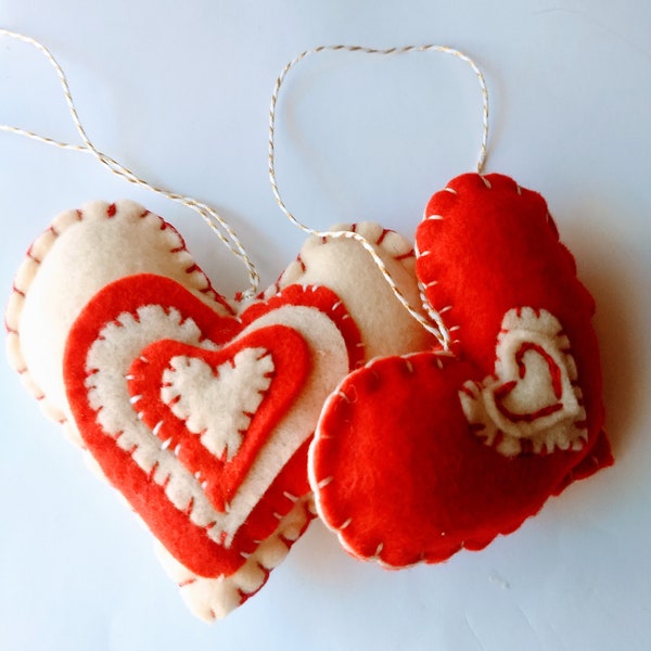 Felt Heart Valentine's Day Ornaments  2 Red Felt Hearts, Felt Embroidered Valentine's Day decor