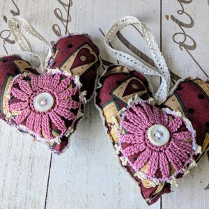 Handmade Heart Pillows, Set of 2 red Fabric Hearts,  Shabby Hearts  farmhouse, primitive Valentine&#39;s Decor