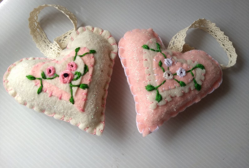 Embroidered Heart ornaments Beautiful Mothers day gift Spring decor Spring tree decor Mothers day Embroidered Hearts image 4
