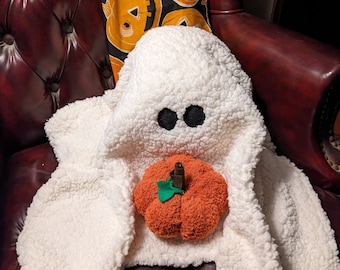 Handmade Sherpa Ghost Pillow, Halloween Decor, Pumpkin Plush Buddy