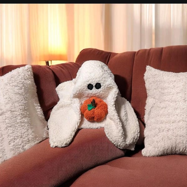 Sherpa Ghost Pillow with Pumpkin, Special Handmade Limited edition  signed and numbered Halloween Ghost with Pumpkin, Spooky Season Decor,