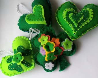 St Patrick's day Ornaments Felt Heart Set of 4 Handmade Green Hearts and Clover Luck of the Irish St Patrick's day Decor