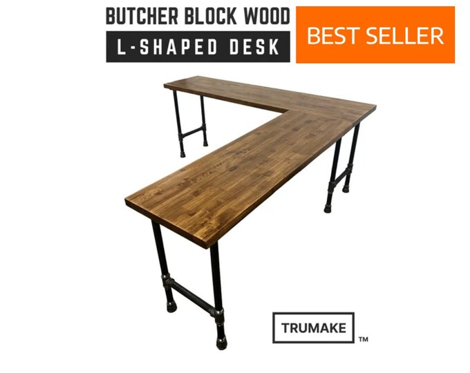 Solid Wood Desk | TRUMAKE Desk | Solid smooth butcher block top L-Desk | L-Shaped Desk | Handcrafted Corner Desk | Free Shipping!