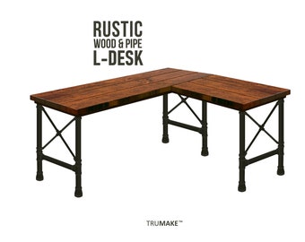 Industrial Style L-Desk, L Shaped Corner Desk, Rustic Wood Pipe Desk, Office Desk, X Leg Desk, Computer Desk, Home Office, Farmhouse Desk