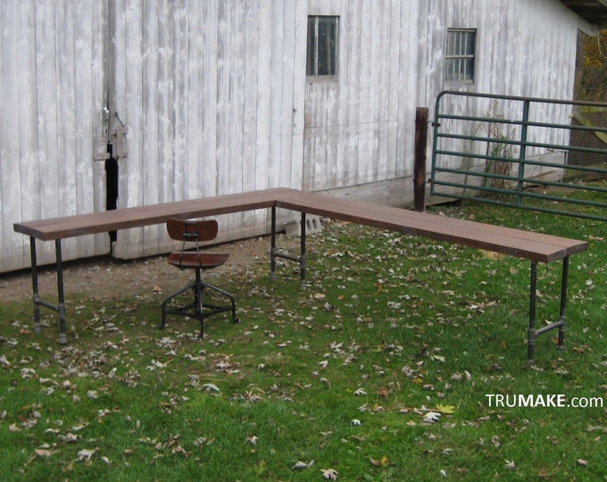 Industrial L Shaped Desk. L-Desk. Corner Desk. Computer Desk. Barn Desk. Office Desk. Rustic Desk. Thick Wood and Pipe Desk. FREE SHIPPING