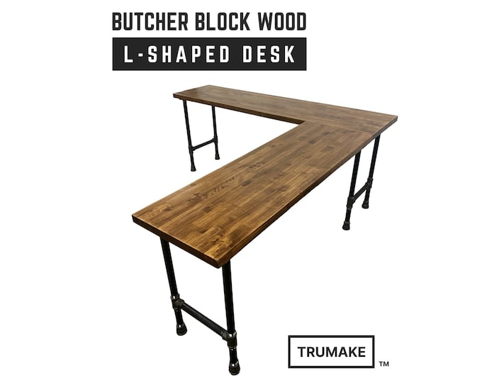 Butcher Block Wood Desk | TRUMAKE Desk | Solid smooth butcher block top L-Desk | L-Shaped Desk | Handcrafted Corner Desk | Free Shipping!