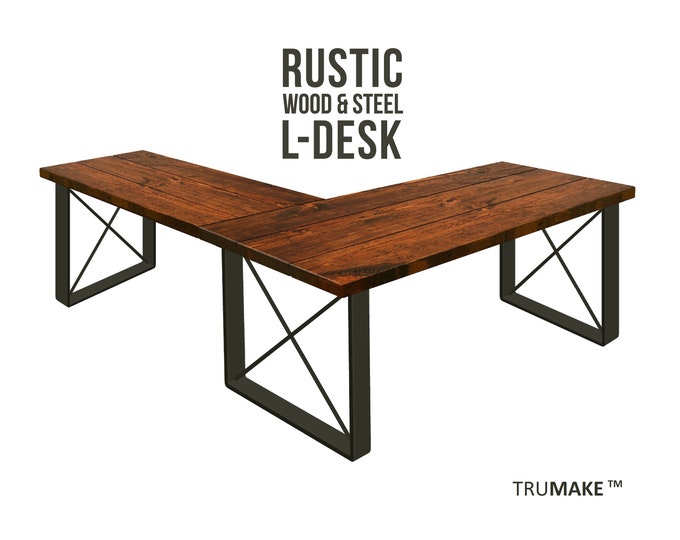 RUSTIC WOOD L-DESK, Wood and Steel L-Shaped Desk, Corner Desk, Home Office Desk, Computer Dresk, Farmhouse Desks, Modern Industrial Desks