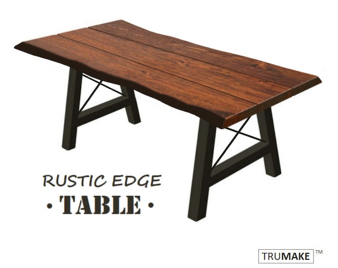 RUSTIC EDGE TABLE, Rough Edge Dining Table Harvest Table X Leg Solid Wood & Steel Industrial Table Handcrafted Kitchen Tables, Modern Tables