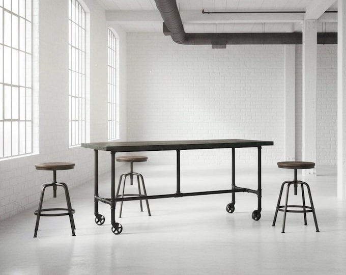 Mobile Table on Wheels | Rolling Vintage Bar Table. Rustic Bar Table Restaruant Bar Table Mobile Pub Table. Modern Industrial Bar Table.