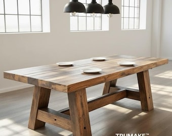SOLID WOOD TABLE | Handcrafted Thick Wood Rustic Dining Table | Harvest Dining Table | Rugged Wood Table Heavy Table | Kitchen Farm Table