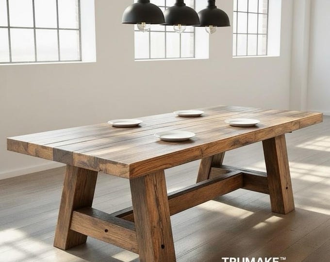 SOLID WOOD TABLE | Handcrafted Thick Wood Rustic Dining Table | Harvest Dining Table | Rugged Wood Table Heavy Table | Kitchen Farm Table