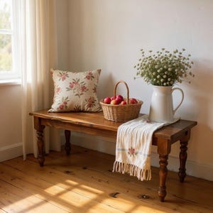 May include: A rustic wooden bench with a floral pillow, a wicker basket of red apples, and a white pitcher filled with flowers. A fringed runner with floral embroidery rests on the bench. The scene is bathed in natural light.