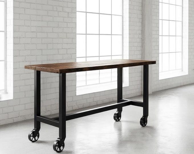 Rustic Bar Table with Locking Caster Wheels. Mobile Bar Table. Solid Wood and Steel. Pub Table. Counter Table. Modern Industrial Table