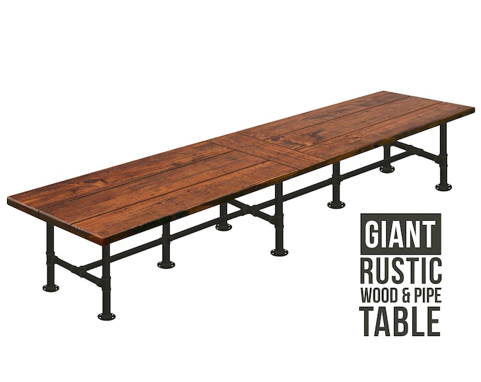Long Farmhouse Table Rustic Wood & Pipe Table, Industrial Table Urban Wood Table Rustic Wood and Pipe Table Dining Table, Harvest Table