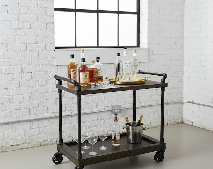 Bar Cart, Rustic Wood and Pipe Console Cart on Caster Wheels, Handcrafted, Alcohol Beer Wine Cart, Mobile Cart, Drink Cart