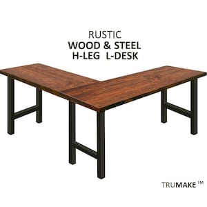 H-Leg Rustic L-DESK, Wood Steel L-Shaped Desk, Home Office Desk, Computer Dresk, Corner Desk, Farmhouse Desks, Modern Industrial Desks