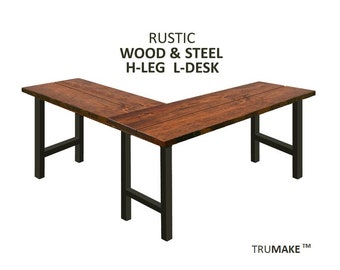 H-Leg Rustic L-DESK, Wood Steel L-Shaped Desk, Home Office Desk, Computer Dresk, Corner Desk, Farmhouse Desks, Modern Industrial Desks