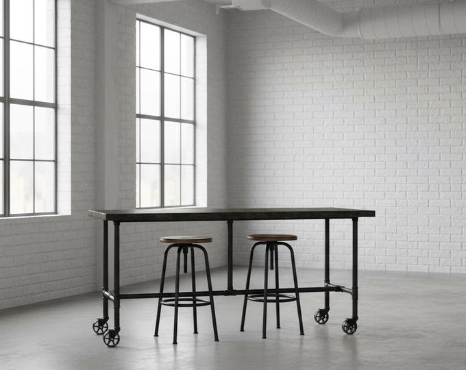 Mobile Table on Wheels | Rolling Vintage Bar Table. Rustic Bar Table Restaruant Bar Table Mobile Pub Table. Modern Industrial Bar Table.